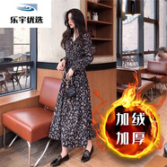 悠曼婭（YOUMANYA）2023年秋冬新款雪紡復古碎花連衣裙女法式黑色顯瘦加絨加厚打底1 黑色加絨 S