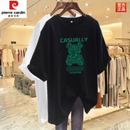 皮爾卡丹（pierre cardin）中長款大版t恤短袖女2025新款寬松純棉小熊圓領(lǐng)遮屁股顯瘦上衣 黑色中長款短袖(綠) XL130-145斤