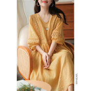 LPDV棉麻連衣裙 亞麻裙子白色連衣裙女高級感夏季文藝風(fēng)系帶顯瘦V領(lǐng) 黃色 連衣 L【建議115-130斤】
