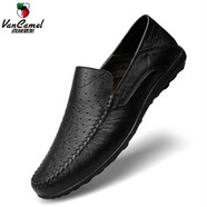 西域駱駝（VANCAMEL）品牌男鞋真皮休閑鞋斷碼處理男士豆豆鞋軟底套腳皮鞋 黑色- 8008鏤空 41