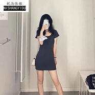 奈加圖甜辣妹黑色短袖連衣裙女夏季新款純欲小個子收腰修身顯瘦包臀短裙 灰色 XS 建議50-60斤