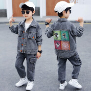 溜溜蛙男童套裝春秋季新款兒童牛仔套裝中大童韓版休閑潮流牛仔上衣外套褲子兩件套小男孩衣服3-12歲潮 黑色 110