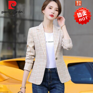 皮爾卡丹（pierre cardin）格子短款小西裝女2025春新款潮網(wǎng)紅修身女士韓版百搭女裝外套同款 卡其色 4XL 建議體重135斤-150斤