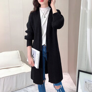 BUTAO女裝毛衣女開(kāi)衫外套新款春秋外搭針織衫寬松百搭中長(cháng)款上衣 黑色 XL