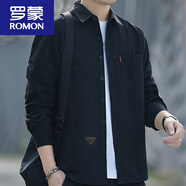 ROMON春秋季棉牛仔衣薄款男士長袖襯衫休閑工裝上衣襯衣外套潮新品 6007黑色(長袖) L 175