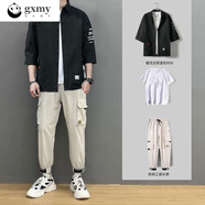 gxmy七分袖t恤男士休閑套裝潮流衣服男裝痞帥氣寬松穿搭配三件套裝男 黑色+白短T+57工裝褲卡其 L 【100-120斤】