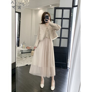 可茵（Keyin）小香風(fēng)連衣裙套裝女2024年秋冬新款氣質(zhì)短外套中長(zhǎng)款網(wǎng)紗吊帶裙子 杏色 M