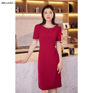 粉藍衣櫥法式優(yōu)雅氣質(zhì)釘珠連衣裙女夏高腰減齡短袖喜婆婆輕禮服裙532L225 瑪瑙紅 XL