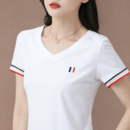 t恤女2025年夏季新款修身顯瘦V領(lǐng)女士半袖上衣韓版繡花棉休閑短袖 82320044款白色 L【100-110斤】