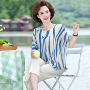 葉衣中老年人媽媽裝夏裝雪紡套裝短袖雪紡小衫夏季兩件套50歲母親衣服 藍(lán)色套裝 XL 建議100斤內(nèi)