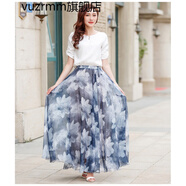 vuzrmm香港潮牌品牌女裝春夏中長(cháng)款大擺半身裙雪紡紗a字裙百褶長(cháng)裙半截垂感裙子 水墨藍白菊 XXXXL腰圍2.7-2.85尺