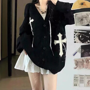 多菲尼森針織衫女 日韓V領(lǐng)復(fù)古流蘇十字架毛衣女秋冬季寬松慵懶風(fēng)時(shí)尚外套 黑色 均碼（90-120斤）