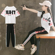 森葩兒童套裝女孩短袖夏季童裝女童運動(dòng)學(xué)生休閑兩件套夏款 EO套裝 白色 150(建議身高145左右)
