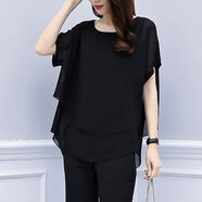 品匯菲大碼女裝雪紡衫胖妹妹夏季上衣矮小個(gè)微胖mm短袖寬松遮肚子媽媽裝 黑色  輕薄 XL 建議120-135斤