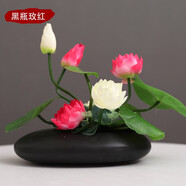 中式仿真荷花套裝擺件禪意絹花裝飾假花仿真花蓮花花藝裝飾品擺設(shè) 黑瓶+玫紅荷花