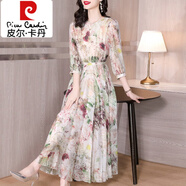 皮爾卡丹（pierre cardin）真|絲碎花連衣裙女夏季2025年新款高端印花桑蠶|絲顯瘦七分袖長裙 花色 4XL