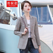 普妮姿小西裝外套女春秋新款韓版時(shí)尚復(fù)古風(fēng)長(zhǎng)袖小個(gè)子休閑網(wǎng)紅西服上衣 1951#咖啡色兩?？畚餮b L