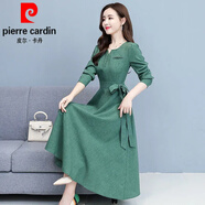 皮爾卡丹（pierre cardin）長(zhǎng)袖時(shí)尚棉麻連衣裙女2025春秋裝新款韓版高貴氣質(zhì)修身顯瘦中長(zhǎng)裙 DG-735#綠色 L 【95-110斤好質(zhì)量】