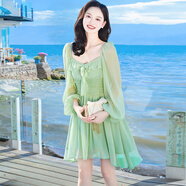 拓澀（TUOSE）綠色連衣裙女夏季新款韓版顯瘦小個子雪紡短裙海邊度假少女沙灘裙 淺綠色仙女裙 L