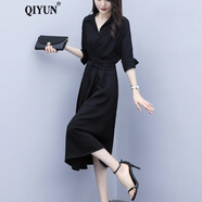 QIYUN 雪紡連衣裙年流行裙子新款春秋裝黑色氣質(zhì)名媛顯瘦V領(lǐng)裙子女過膝 圖片色 M
