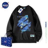 NASA LIKE官方潮牌衛(wèi)衣男春秋季潮流印花圓領(lǐng)長袖t恤男士落肩袖上衣打底衫 黑色 M（建議80-95斤）