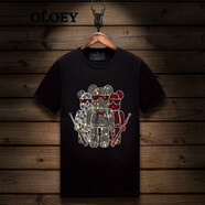 OLOEY 香港潮牌骷髏頭燙鉆短袖t恤男夏季新款潮流半袖修身大碼冰絲T恤75黑色XXL