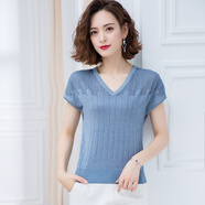 歌米拉 冰絲短袖T恤女裝夏裝新款夏季v領(lǐng)上衣亮絲針織衫寬松 藍色 XXL
