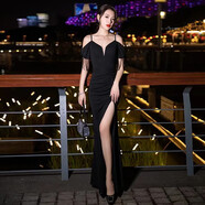 靚瓅峰娙性感吊帶連衣裙 V領(lǐng)修身顯瘦包臀開(kāi)叉長(cháng)款法式流蘇短袖晚禮服鑲鉆 黑色袖有鉆條 M