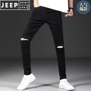 JEEP SPIRIT2025春季破洞牛仔褲男修身韓版潮流黑色小腳褲男士休閑長褲子 809黑色一字破洞 31