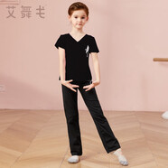 艾舞戈兒童舞蹈服套裝女童跳舞分體練功服上衣拉丁舞長褲中國舞服裝 黑色-短袖套裝 120 (身高120-130cm)