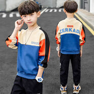 艾諾輪男童t恤大童長(cháng)袖秋衣上衣青少年童裝衛衣男孩中大童秋天季打底衫 藍色拼接款 140