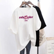 歐妤短袖t恤女夏季女裝新款韓版中長(cháng)款寬松休閑體恤女上衣打底衫 白色STRA草莓熊 L建議100-110斤