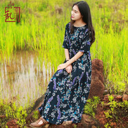 亂在江南民族風(fēng)印花寬松連衣裙夏季新品高腰碎褶顯瘦出游度假飄逸長(cháng)裙 藍色 均碼