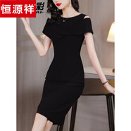 恒源祥設(shè)計感露肩紅色連衣裙女士婚宴禮服裙小個子夏季一步包臀裙子女 黑色 4XL 【145-160斤】