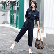 衣典零一 牛仔連體褲女2022秋裝新款秋季女裝春秋新品高腰寬松休閑褲直筒褲工裝褲闊腿褲子秋天長褲裝 牛仔藍 L