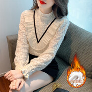 睡妍加絨加厚打底衫女2024秋冬新款半高領(lǐng)花邊蕾絲衫女加絨加厚襯衫女 杏色加絨 M