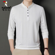 啄木鳥(niǎo)（TUCANO）男士t恤長(cháng)袖立領(lǐng)套頭豎條印花T恤男春季新款2026簡(jiǎn)約男裝針織秋衣 白色 180