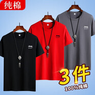 吉普JEEP【純棉3件裝】短袖T恤男20222夏季新款男士體恤衫純色半袖圓領(lǐng)中青年寬松休閑百搭上衣男 黑色+紅色+鐵灰 L（建議115-120斤）