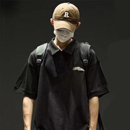 凱羅盾法式工裝男t恤美式復古短袖男polo衫夏季寬松大碼帶領(lǐng)翻領(lǐng)體桖 暗夜黑 XL