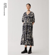 噢姆（AUM）【FaFa裙】AUM噢姆秋新款氣質(zhì)復(fù)古V領(lǐng)水墨花稿裙子中長款連衣裙女 黑色MADE30066 XL