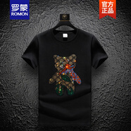 羅蒙ROMON輕奢2025夏季大碼男裝燙鉆短袖T恤男社會(huì )精神小伙純棉半袖潮 彩色熊黑色 3XL