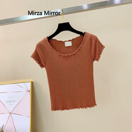 Mirza Mirror夏季短袖冰絲針織T恤女修身顯瘦木耳邊高腰短款露肚臍鎖骨上衣薄 磚紅色 S