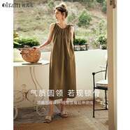 Olrain歐芮兒棕色無袖連衣裙女夏季新款寬松度假風(fēng)掛脖裙子沙灘裙 棕色 S