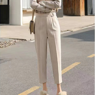 夢(mèng)史怡2022新款西裝褲女秋冬秋高腰長(cháng)褲煙管寬松直筒小西褲女顯瘦哈倫褲 杏色呢子 S 85-95斤