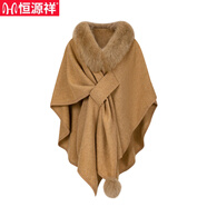 恒源祥原單狐貍毛皮草披肩外套斗篷蝙蝠袖雙面呢大衣2025海寧 摩卡棕 均碼