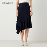 歐柏蘭奴【商場(chǎng)同款】2023夏優(yōu)雅不對稱(chēng)純色中高腰魚(yú)尾裙長(cháng)裙 B26藏藍 L