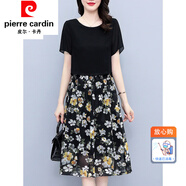 皮爾卡丹（pierre cardin）女裝2022夏天新款闊太太中年年輕女士洋氣假兩件裝雪紡碎花連 0852款 2XL【128-142斤】