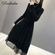 Radinka2024秋冬新款中長款針織蕾絲連衣裙網(wǎng)紗半高領(lǐng)顯瘦打底長裙LTM 網(wǎng)紗拼接黑色 M 建議90-105斤