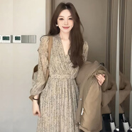 燕潯名媛茶歇日系絕美碎花裙秋裝2025年新款古著森女小香風(fēng)別致連衣裙 卡其色 S (建議95斤以下)