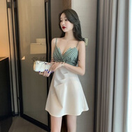 堂峻夜場(chǎng)女裝工作服新款收腰顯瘦氣質(zhì)低胸深V領(lǐng)拼接性感吊帶A字連衣裙 杏色 M